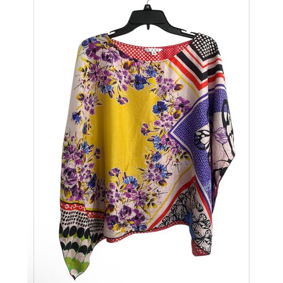 CABI Artsy Boxy Handkerchief Silk Top Blouse Women Size Large Floral Polka Dots - Picture 1 of 7